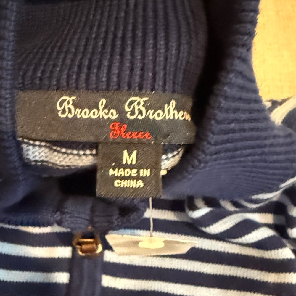 Brooks Brothers Navy Sweater with Red and Light Blue Stripes, Quarter-Zip - Picture 2 of 4